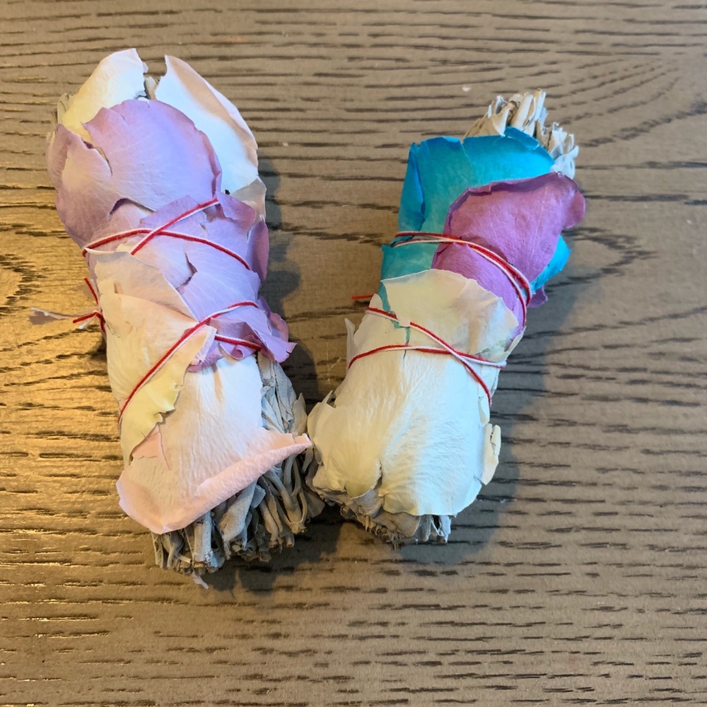 Sage Smudge Sticks wrapped in rose petals Set of 2